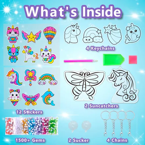 Vista 2 de WAHFNG Gem Art, Kit de Pintura de Diamantes para Niños - Crea Tus Propios Adhesivos, Llaveros y Atrapadores de Sol - Artes y Manualidades para Niñas