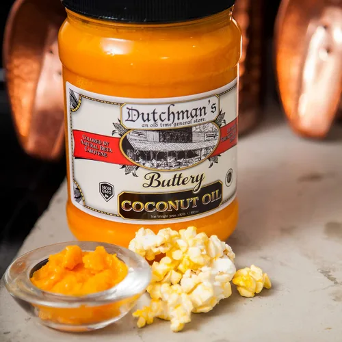 Vista 6 de Aceite de coco con sabor a palomitas de maíz de Dutchman’s, sabor a mantequilla, coloreado con beta caroteno natural, el secreto para hacer