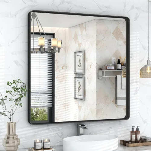 Vista 17 de Espejo rectangular para pared de baño de 20x30 pulgadas con marco negro mate, espejo de tocador con esquinas redondeadas, espejo de baño de metal