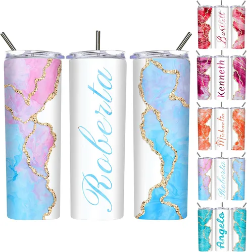 Vista 13 de Vasos delgados personalizados con tapas y pajitas de 20 onzas, diseño de mármol personalizado, vasos de acero inoxidable delgados con nombre