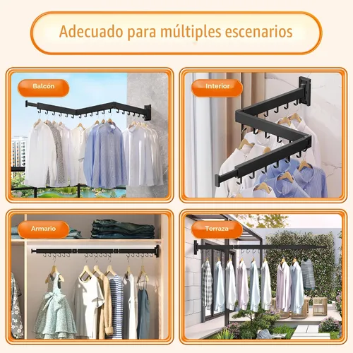 Vista 4 de HEILAIYI Estante de Secado de Ropa para Lavandería, Perchero de Ropa Montado en la Pared, Plegable, Retráctil, Plegable (Con Ganchos en Forma de J)