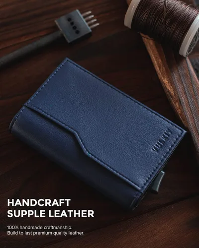 Vista 4 de VULKIT Tarjetero con ventana de identificación, tarjetas emergentes, delgada, de cuero, con protección RFID, hasta 12 tarjetas, funda para tarjetas