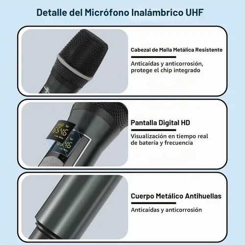 Vista 4 de Micrófonos inalámbricos, micrófonos duales UHF profesionales para karaoke, sistema de micrófono dinámico inalámbrico con receptor recargable, Plug