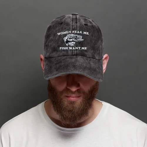 Vista 5 de Gorra bordada para mujer, diseño con texto en inglés "Fear Me Fish Want Me" para hombres y mujeres, divertida gorra de béisbol para papá, regalos