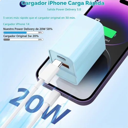 Vista 2 de Bloque de carga para iPhone 16/15, bloque de carga USB C [paquete de 2] 20 W de doble puerto PD rápido USB C adaptador de cargador de pared USB A