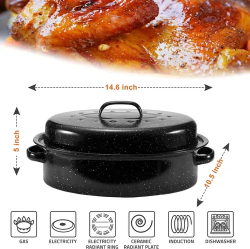 Vista 7 de Sartén para asar pavo ovalada esmaltada de 14.6 pulgadas con tapa abovedada, regalo para la madre, cubierta, antiadherente, libre de productos