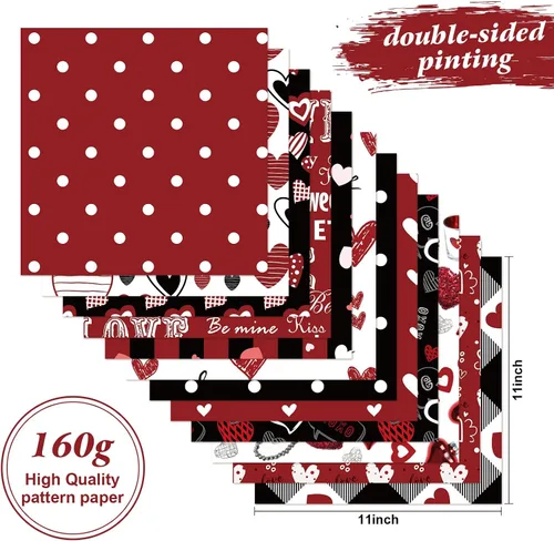 Vista 2 de Papel con Patrón de San Valentín de Doble Cara Papel Decorativo para Álbum de Recortes de San Valentín, Cartulina Roja y Negra con Corazones de Amor