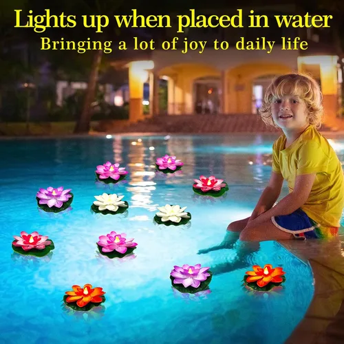 Vista 3 de Paquete de 6 velas de té de loto flotantes – Velas LED de lirio de agua de 4 pulgadas para piscina, baño, boda, decoración de fiesta, luces