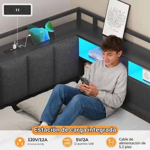 Vista 6 de Estructura de cama de esquina completa con 4 cajones, estantería y cabecero Negro