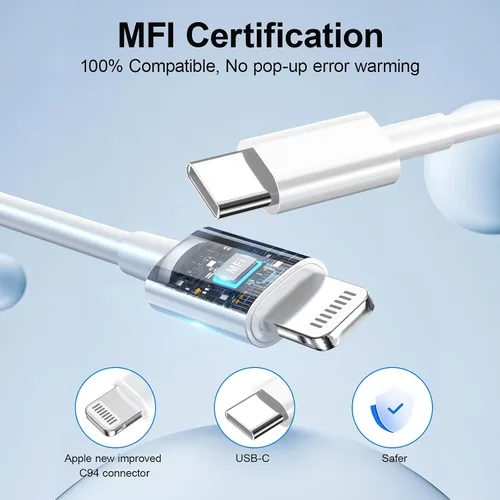 Vista 3 de Cargador de teléfono de carga rápida, [certificado MFi] Cargador de pared USB C de 20 W con 3 cables USB C a Lightning de 6 pies, cable de carga