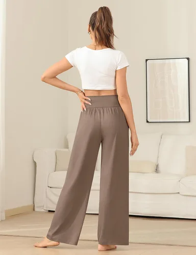 Vista 4 de UEU Pantalones de yoga holgados casuales para mujer, cintura alta, estilo bohemio, pijama con bolsillos