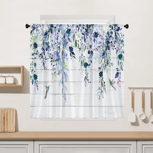 Vista 15 de Cortina de eucalipto negro y gris, cenefa para tratamiento de ventana, estilo bohemio, rústico, floral, bolsillo para barra, cortinas de ventana