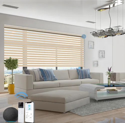 Vista 18 de tipiace Persianas inteligentes de cebra motorizadas con cable duro con Alexa Google Home, tela filtrante de luz de doble capa, persianas Negro