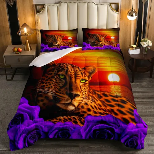 Vista 37 de Erosebridal Juego de ropa de cama de guepardo con rosa azul, juego de edredón con estampado de leopardo y gato, edredón romántico de plumón