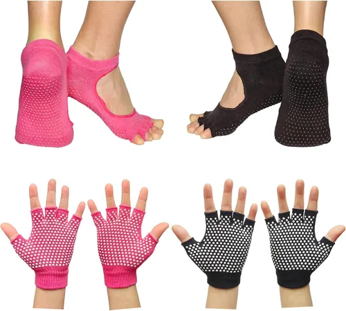 Vista 7 de Juego de guantes y calcetines de yoga con agarres, antideslizantes para mujer, yoga, baile, pilates, entrenamientos con dedos de los pies Y-G-YG6
