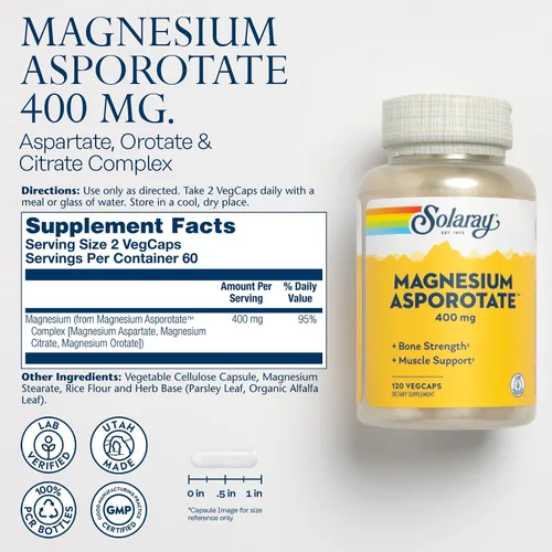 Vista 2 de Solaray Asporotato de magnesio 400 mg, aspartato, orotato y citrato complejo, corazón saludable, músculo, nervio y función circulatoria apoyo 180ct