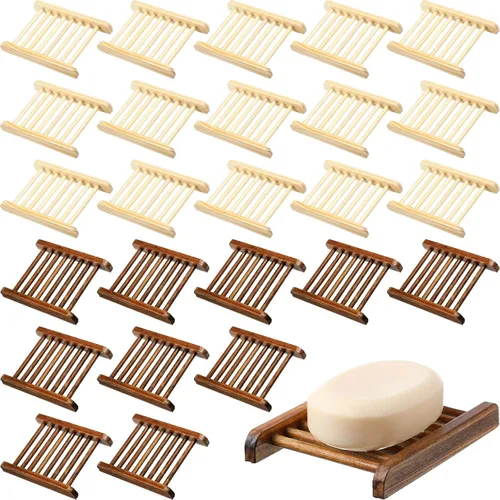 Vista 8 de Honeydak 30 piezas de jabonera de madera de bambú, bandeja de jabón de madera, estuche de esponja de madera para baño, hecho a mano, accesorios