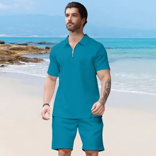 Vista 4 de Aulemen Conjunto deportivo de 2 piezas con cremallera para hombre, manga corta, camiseta polo y pantalones cortos, conjuntos de verano para hombre
