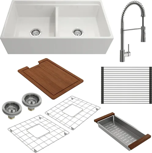Vista 15 de BOCCHI Contempo - Delantal para estación de trabajo, color negro mate, 30 pulgadas, fregadero de cocina de un solo tazón con accesorios y grifo