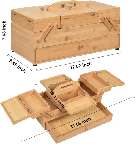 Vista 2 de Caja Organizadora de Costura de Madera para Suministros de Costura, Caja de Almacenamiento para Pasatiempos de Costura y Manualidades, 3 Niveles