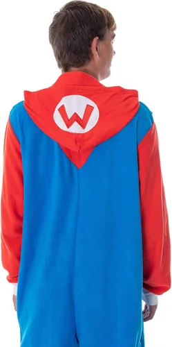 Vista 2 de Super Mario Bros. Disfraz de Mario de microforro polar de una pieza para hombre, traje de pijama de una pieza, Rojo
