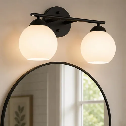 Vista 15 de Emak Lámpara de baño negra de 2 luces sobre el espejo, luces de tocador de baño con pantalla de vidrio transparente, VL114-BKL-2