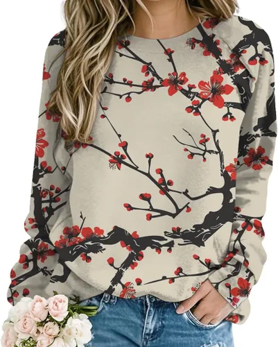 Vista 5 de ZOCANIA Sudaderas para mujer, sin capucha, manga larga, cuello redondo, estampado floral, ajuste holgado