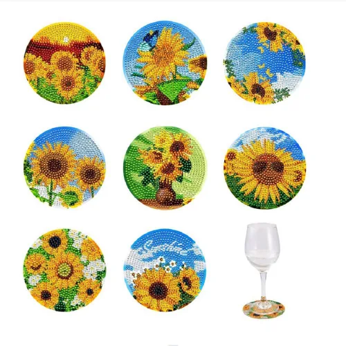 Vista 7 de FASHEWELRY 8 posavasos de arte de diamante con soporte para abejas, kit de posavasos de pintura de diamantes para bebidas, kits de arte de diamantes