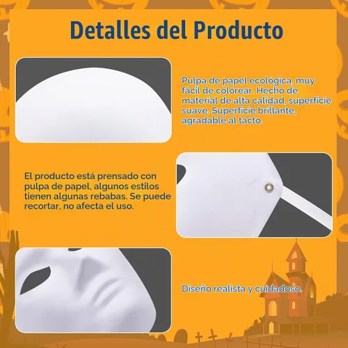 Vista 3 de Paquete de 12 máscaras faciales completas blancas en blanco, máscaras de papel maché con correa elástica para bailes de máscaras, cosplay