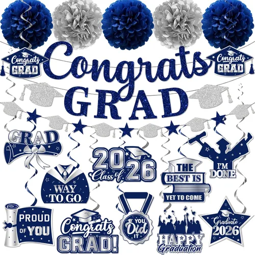 Vista 6 de Decoraciones de graduación 2026, pancarta de felicitaciones con purpurina, espirales colgantes y pompones de tela, decoraciones de graduación negras