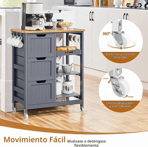 Vista 6 de Yaheetech Carrito de Isla de Cocina con Ruedas, Carrito de Almacenamiento Rodante con Encimera de Bambú, 3 Cajones, 3 Estantes Extraíbles y Ruedas