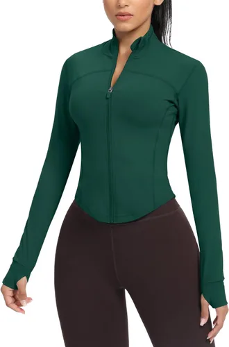 Vista 74 de AVGO Chaquetas de entrenamiento recortadas para mujer, con cremallera, ajustadas, atléticas, con agujeros para el pulgar
