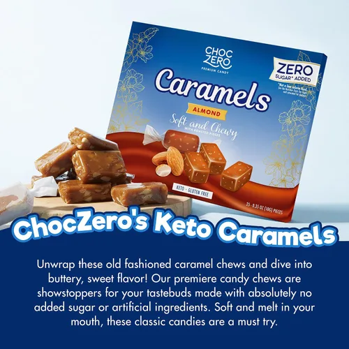 Vista 4 de ChocZero Caramelos de almendras sin azúcar, almendras tostadas, suaves y masticables, 9 onzas Caramelo cetogénico, sin alcoholes de azúcar, bajo