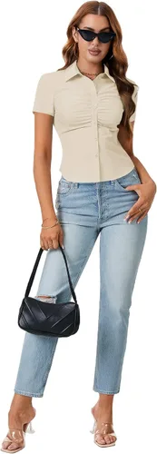 Vista 6 de LYANER Blusa de trabajo de manga corta acanalada con cuello en V y botones para mujer
