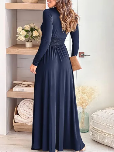 Vista 4 de ANRABESS - Vestido largo de manga corta con cuello en V profundo para mujer, plisado, cintura alta, abertura lateral, para club, fiesta y noche