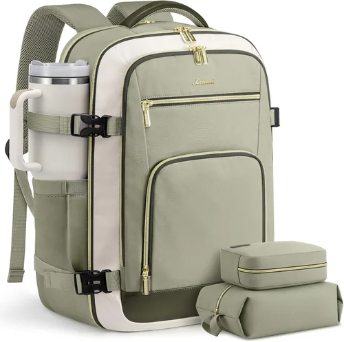 Vista 33 de LOVEVOOK Mochila de viaje para mujer y hombre, Beige, Mochilas de viaje