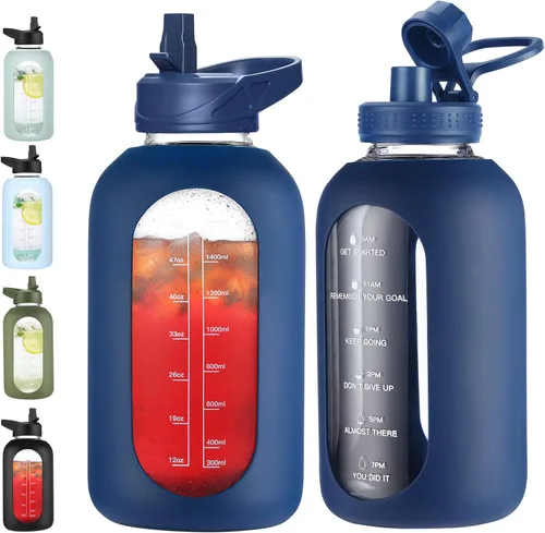 Vista 32 de EALGRO Botella de agua de vidrio de 32 onzas con popote y asa, frasco de agua motivacional deportivo con funda de silicona, taza grande a prueba