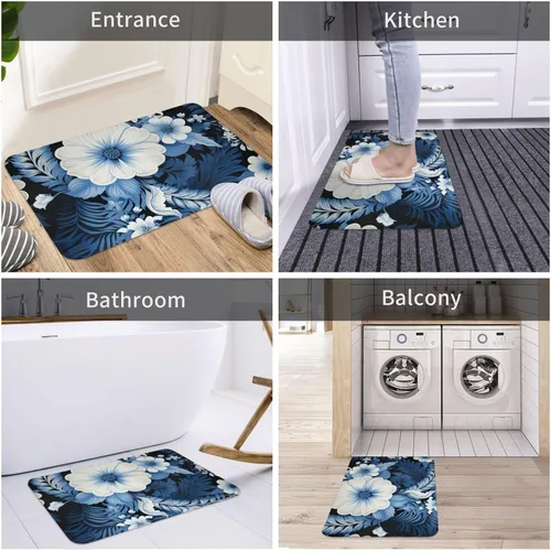 Vista 5 de Tapete para puerta delantera, tapete de bienvenida con estampado floral azul y blanco, absorbente, antideslizante, tapete de entrada suave, alfombra