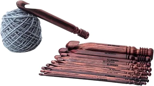 Vista 2 de Juego de 15 ganchos de madera para ganchillo – Mango ergonómico de madera suave mango ganchillo agujas de tejer – Mango de ganchillo de ganchillo