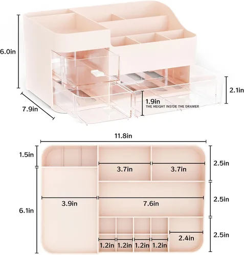 Vista 2 de SuoXing Organizador de maquillaje rosa para tocador, grandes organizadores de plástico para el cuidado de la piel con cajones, organizador