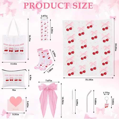 Vista 4 de Regalos de lazo rosa para mujeres, regalos de coqueta para niñas adolescentes, bonita canasta de regalo de lazo de cereza, ideas de regalo