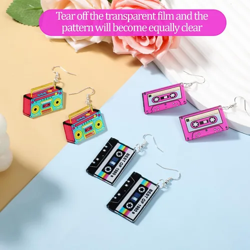Vista 3 de 3 pares de aretes de neón con cinta de casete retro de los años 80 y 90 para mujer, traje de los años 80 y 90, aretes acrílicos de radio, joyas