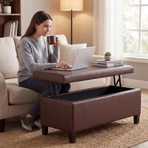 Vista 2 de Homebeez Banco otomano de almacenamiento de piel sintética de 42 pulgadas con parte superior elevadora, moderno reposapiés rectangular para sala