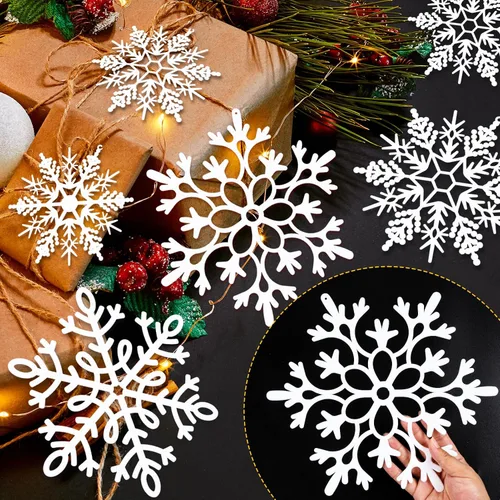 Vista 5 de 24 piezas de copos de nieve colgantes de Navidad grandes para exteriores, copos de nieve grandes blancos en diferentes tamaños para decoración