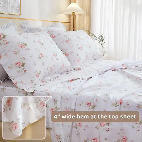 Vista 6 de QSH Juego de sábanas florales tamaño Queen - Vintage chic desgastado, flores de rosa, 100% algodón, ropa de cama estampada, sábanas tamaño Queen