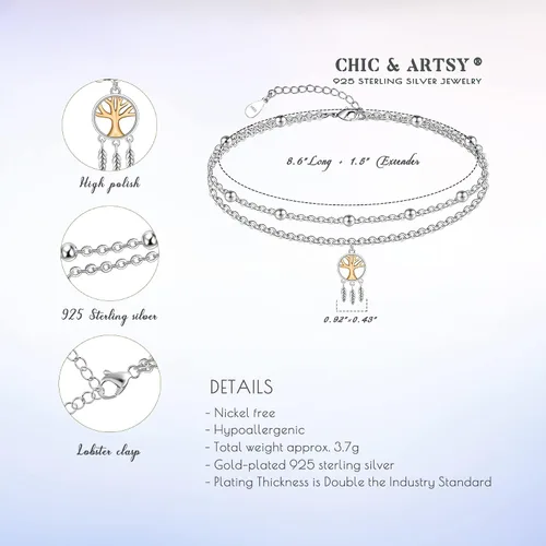Vista 44 de CHIC & ARTSY Tobilleras delicadas de plata de ley S925 para verano, pulsera de tobillo ajustable multicapa para playa, joyería de pie para mujer