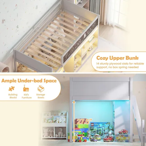 Vista 4 de KOMFOTT Cama baja de tamaño individual con luces LED, marco de cama loft de madera para niños con escalera, barandilla de seguridad de longitud Gris