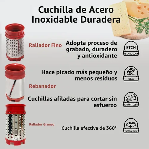 Vista 5 de Cushore Rallador eléctrico de queso duro, modelo CES03D, rojo, acero inoxidable, automático, inalámbrico, 3 cuchillas intercambiables, fácil