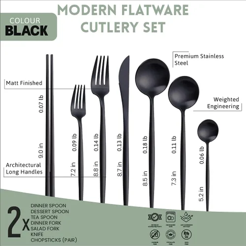 Vista 2 de KiiZYs Juego de cubiertos negro mate – Juego de cubiertos modernos de 14 piezas de acero inoxidable – Palillos de metal para cocina, tenedor