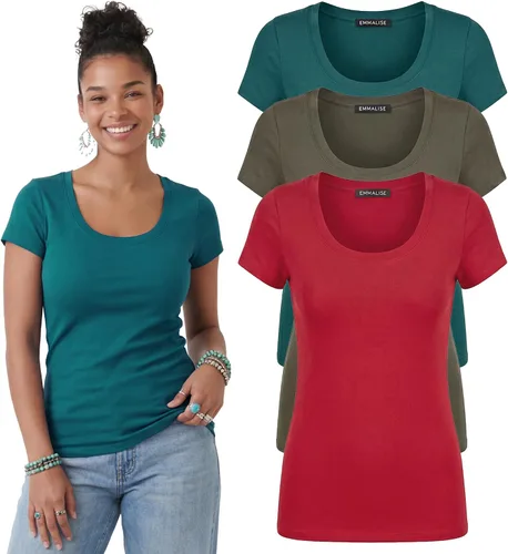 Vista 50 de Emmalise - Camiseta de manga corta para mujer, cuello redondo, estilo básico, pack de valor, tallas junior y grandes